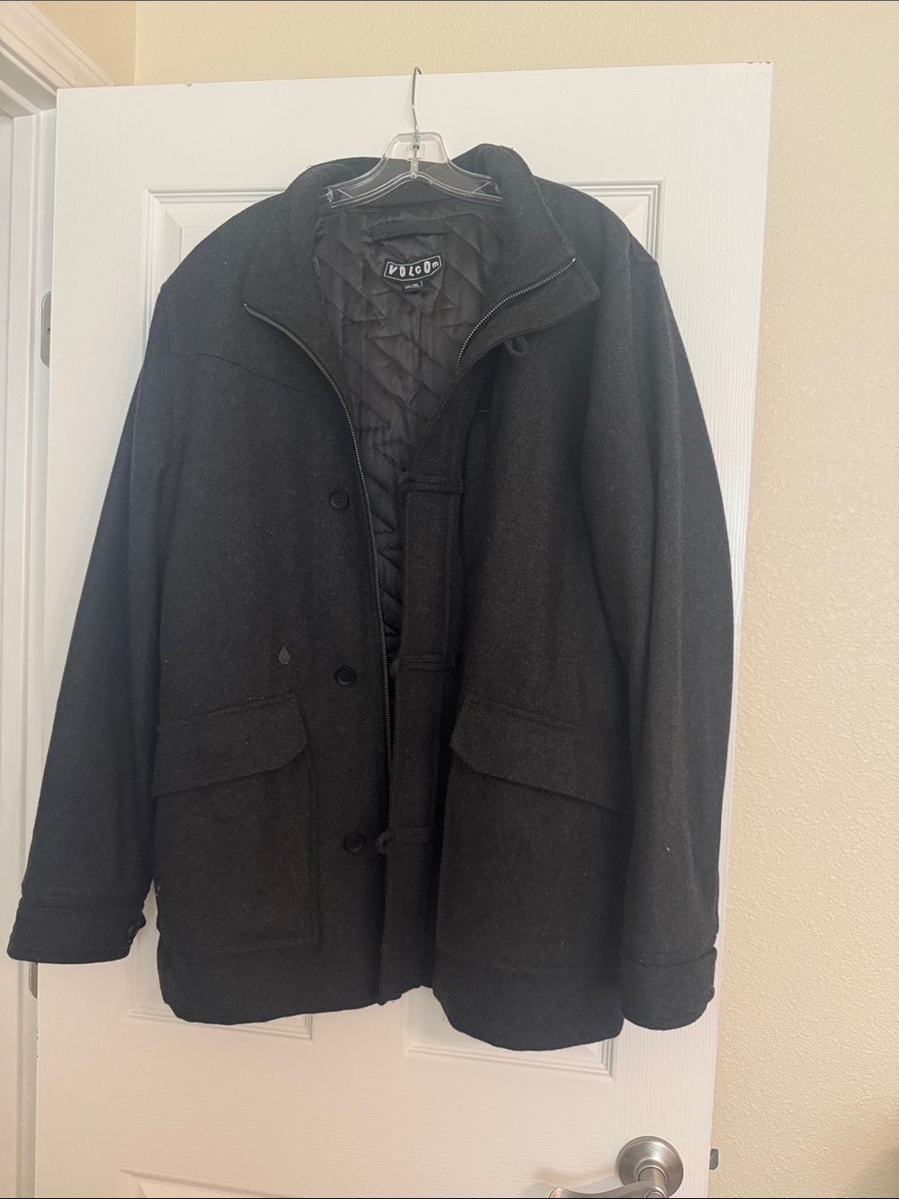 Volcom Black Men's Pea Coat with Quilted Lining